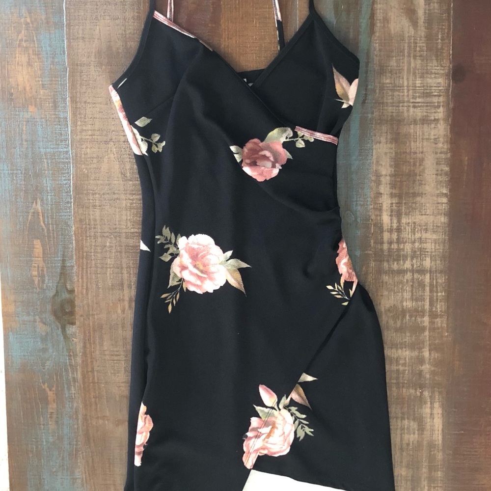 Black w/floral faux wrap dress NWT